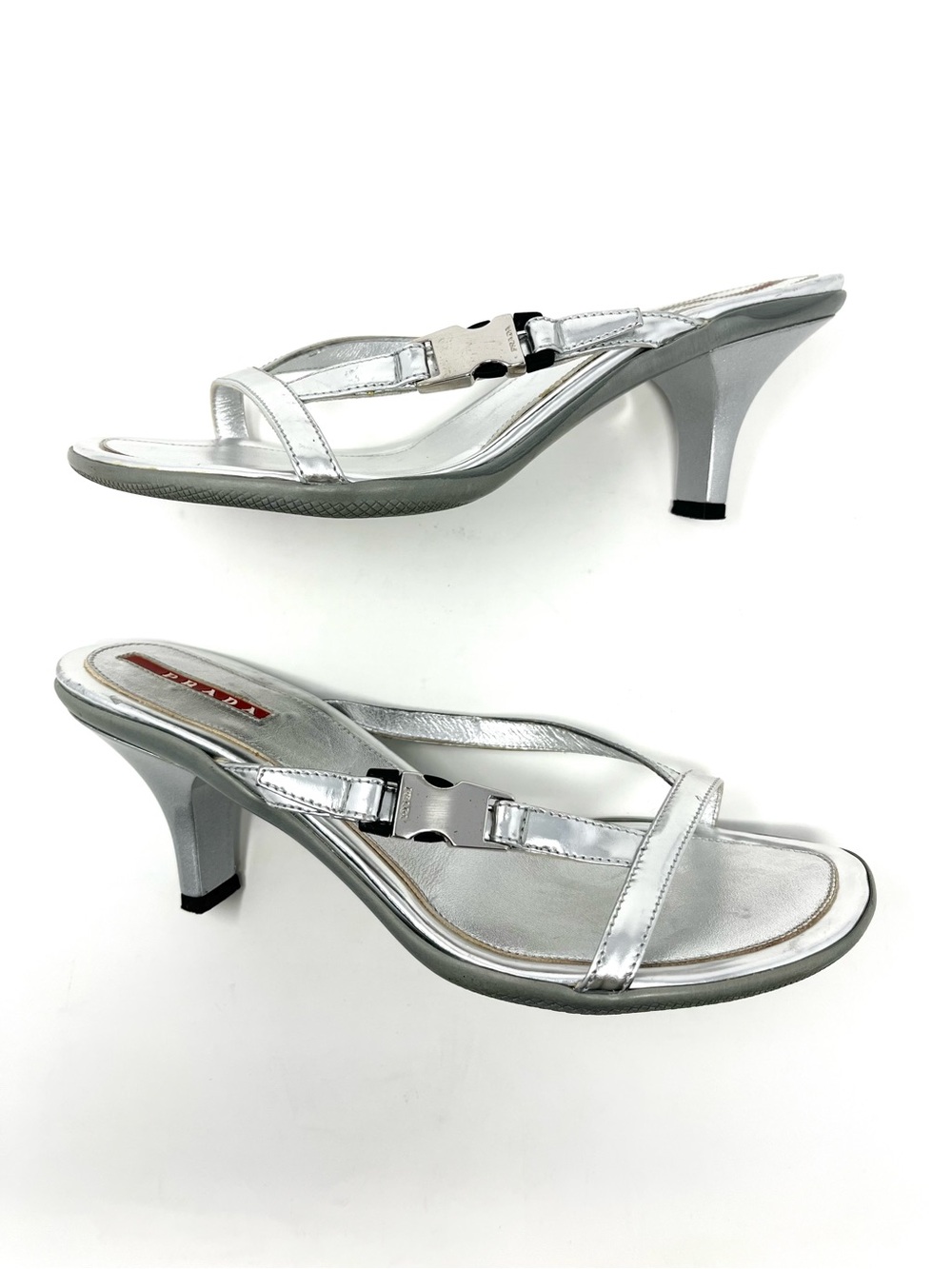 Vintage Prada Y2K Strappy Silver Leather Buckle Sandals Slides Kitten Heels 37.5 - Picture 4 of 9